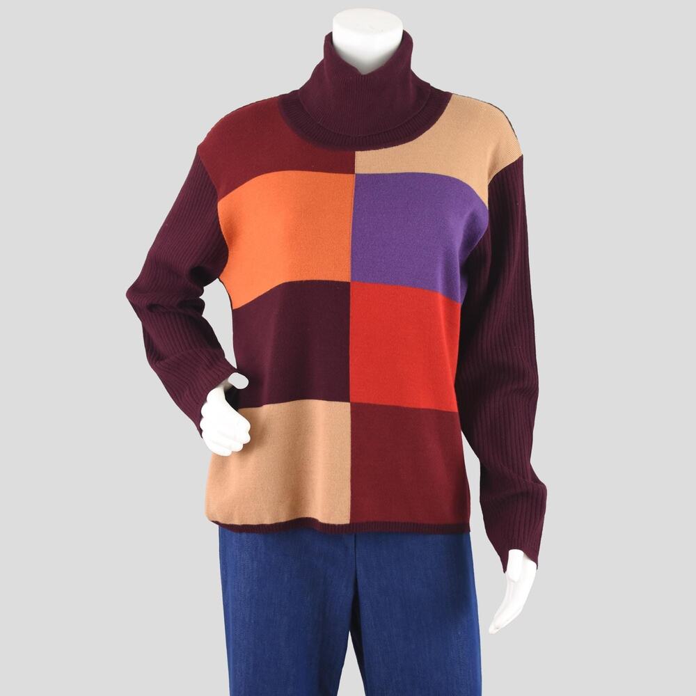 Vintage Colorblock Merino Wool Blend Turtleneck Sweater Women's XL